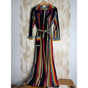 Vintage Lisanne Size S Rainbow Stripe Long Sleeve Robe Belted Loungewear Maxi